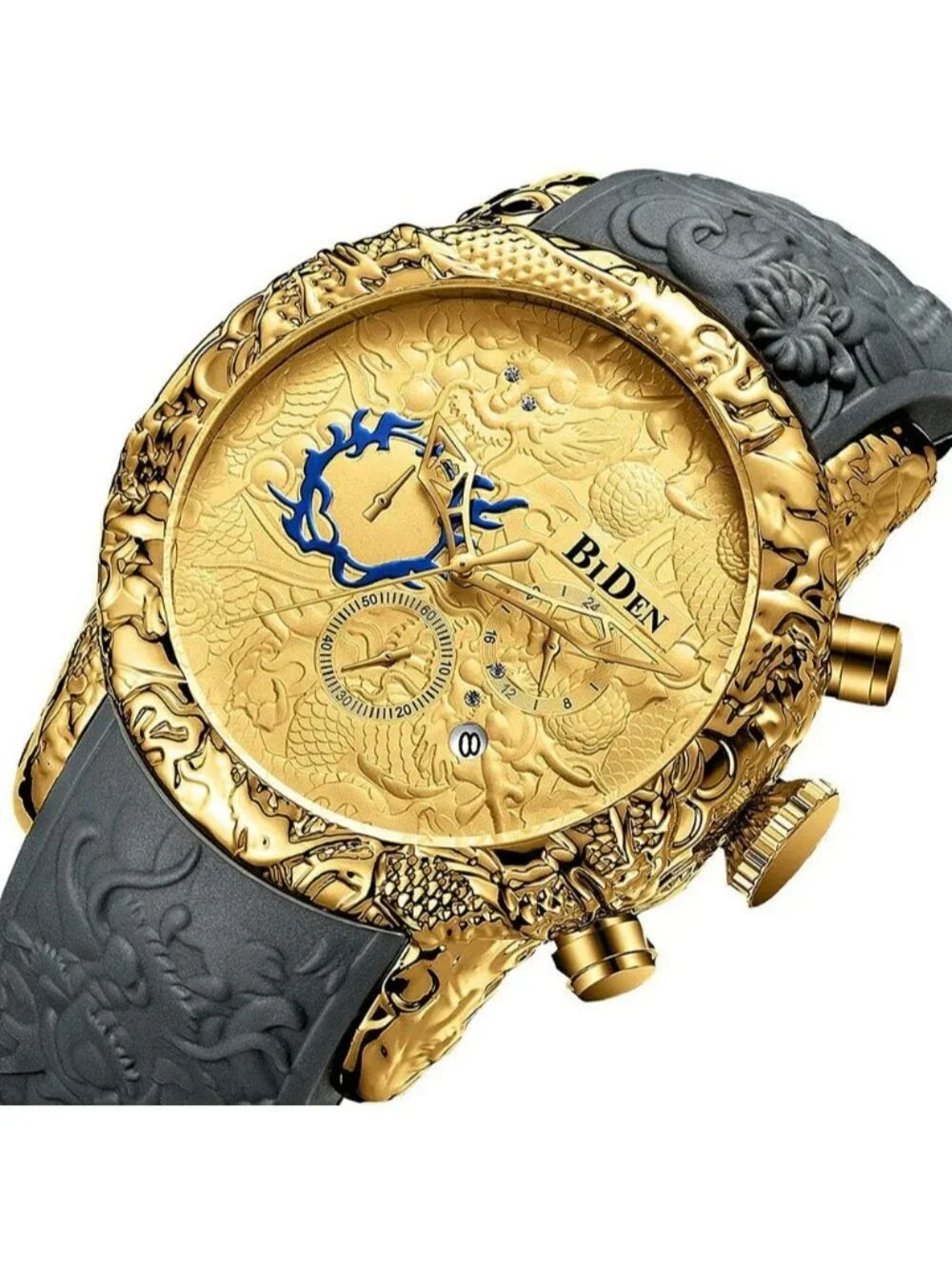 Men's Grey Gold Analog Quartz Big Dial 3D Sculpture Dragon Luxury Wrist Watch